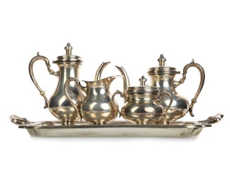 PERUVIAN STERLING SILVER FOUR PIECE TEA AND COFFEE SERVICE WITH TRAY, CAMUSSO the service of baluster form with scroll handle