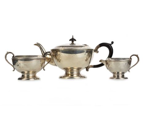 GEORGE V SILVER THREE PIECE TEA SERVICE, BIRMINGHAM 1926/28 comprising a teapot, sugar and cream jug, each of circular form w