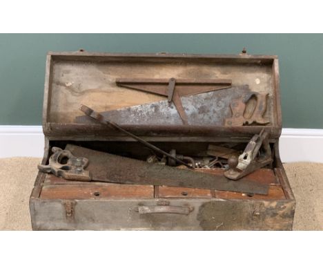CARPENTER'S QUALITY VINTAGE TOOLBOX with good contents, 43cms H, 88cms W, 19cms D