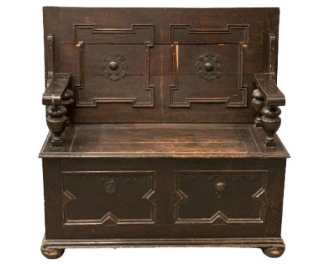 CIRCA 1900 CARVED FRONT MONK'S BENCH, 74cms H, 107cms W, 53cms D