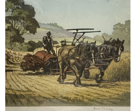 JAMES PRIDDEY print - harvesting scene titled 'Reaping', signed in pencil and with blind stamp, 28 x 37cms also GWYNETH TOMOS