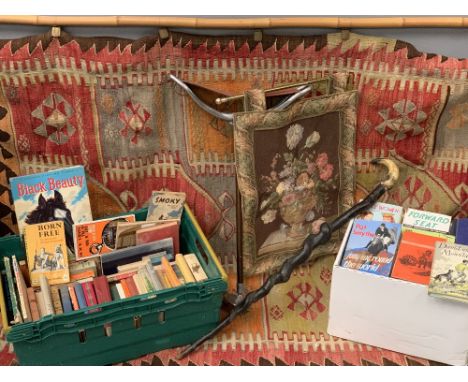 ECLECTIC PARCEL to include wall hanging tapestry/rug with native design, another wall hanging, also two boxes of vintage book