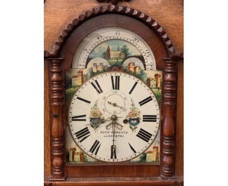 LONGCASE CLOCK - 19th Century oak and mahogany, Hugh Roberts of Llangefni, eight day painted arched dial with rolling moon mo