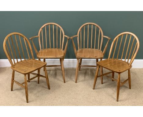 ERCOL LIGHT ELM STICKBACK CHAIRS, a pair, 80cms H, 40cms W, 36cms D and a pair of elbow chairs, 82cms H, 60cms W, 36cms D, bl