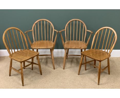 ERCOL LIGHT ELM STICKBACK CHAIRS, a pair, 80cms H, 40cms W, 36cms D and a pair of elbow chairs, 82cms H, 60cms W, 36cms D, bl