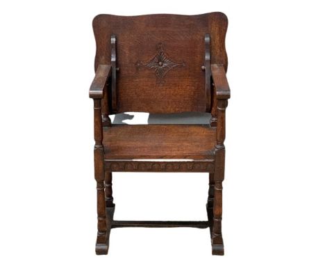 MONK'S TYPE BENCH - single seater, polished oak, 97cms H, 56cms W, 45cms D