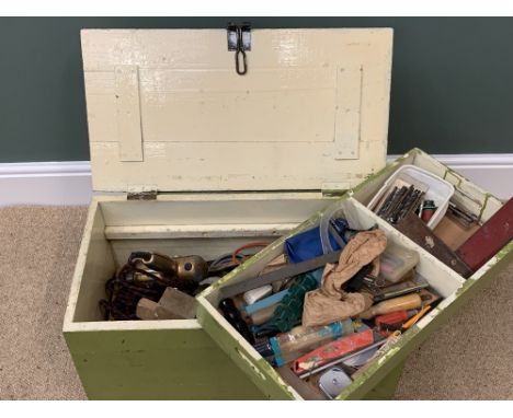 VINTAGE PINE TOOLBOX with iron handles, green painted with good quantity of tools, 34cms H, 65cms W, 35cms D