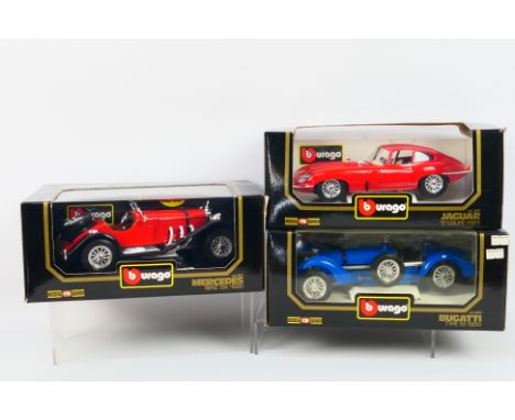 Bburago - Three boxed 1:18 scale diecast model cars from Bburago. Lot consists of #3009 1928 Mercedes Benz SSK; #3005 1934 Ty