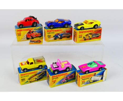 Matchbox Superfast - Six boxed Matchbox Superfast diecast model vehicles. Lot includes MB 2B Jeep Hot Rod; MB 10B Piston Popp