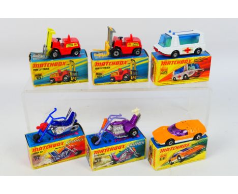 Matchbox Superfast - Six boxed Matchbox Superfast diecast model vehicles. Lot includes MB 66B Mazda RX500; MB 38B Stingaroo; 