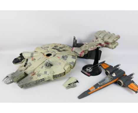 Hasbro - Star Wars - A group of unboxed models, X -Wing Fighter, Millennium Falcon, Rebel Blockade Runner on stand and some e