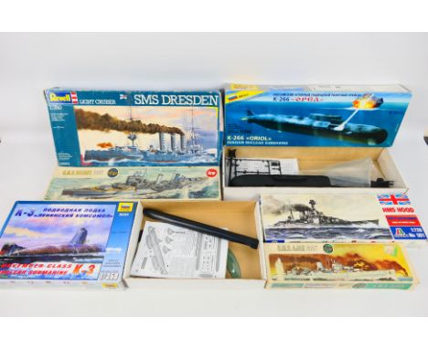 Airfix - Italeri - Zvezda - 6 x boxed model kits including H.M.S. Ajax in 1:600 scale, November Class K-3 submarine in 1:350 