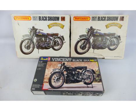 Matchbox - Revell - 3 x boxed Vincent Black Shadow motorcycle model kits in 1:12 scale, all have loose parts inside and the M