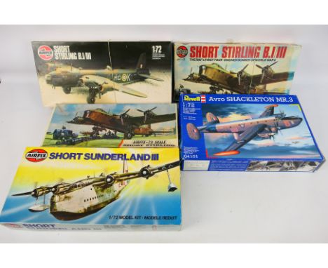 Airfix - Revell - 5 x boxed aircraft model kits in 1:72 scale, Short Stirling x 3, Short Sunderland and Avro Shackleton. They