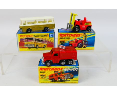 Matchbox - Superfast - 3 x boxed models, Setra Coach # 12, Lansing Bagnall Fork Lift Truck # 15 and Rolamatics Badger # 16. T