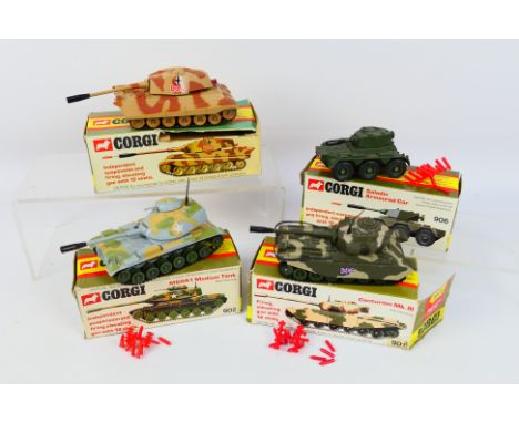 Corgi - 4 x boxed military models, Centurion MkIII # 901, M60A1 medium tank # 902, King Tiger # 904 and Saladin armoured car 
