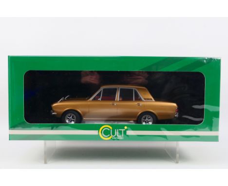 Cult Scale Models - A boxed 1:18 scale Cult Scale Models #CML048-1 1970 Ford Cortina 1600E. The resin model in metallic gold 