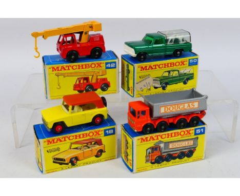Matchbox - Regular Wheels - 4 x boxed models, Field Car # 18, Ford Kennel Truck # 50 and Iron Fairy Crane # 42. They show sig