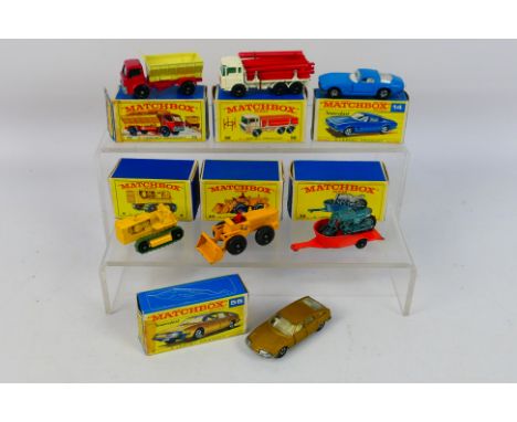 Matchbox - 7 x boxed models including DAF Girder Truck # 58, Tractor Shovel # 43, BMC 1800 # 56 and similar. They appear Fair