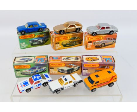 Matchbox Superfast - Six boxed Matchbox Superfast diecast model vehicles. Lot includes MB 34C Chevy Pro Stocker; MB 59D Porsc