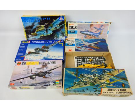 Airfix - Italeri - Hales - Hasegawa - 6 x aircraft model kits in 1:72 scale including Junkers Ju88, Grumman F9F-2 Panther, Mi