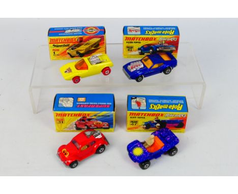 Matchbox - Superfast - 4 x boxed models, Rolamatics Piston Popper # 10, Rolamatics Beach Hopper # 47, Mod Rod # 1 and Volks-D