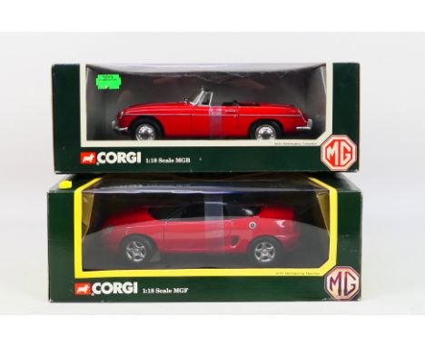 Corgi - Two boxed diecast 1:18 scale MG model cars from Corgi. Lot consists of Corgi #46701 MGF Hard Top; with #95103 MGB Roa