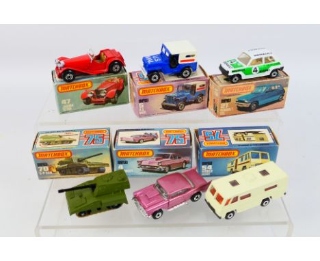 Matchbox Superfast - Six boxed Matchbox Superfast diecast model vehicles. Lot includes MB 54D Mobile Home; MB 21C Renault 5TL