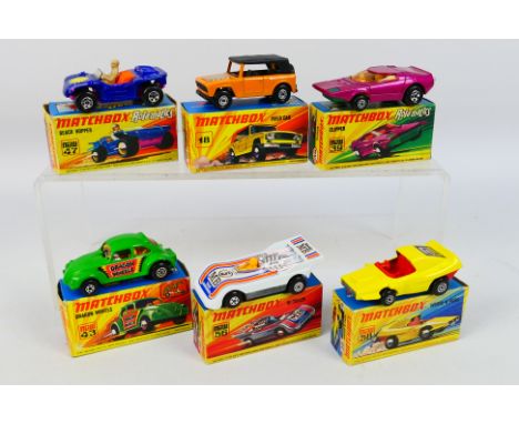 Matchbox Superfast - Six boxed Matchbox Superfast diecast model vehicles. Lot includes MB 43B Dragon Wheels; MB 47B Beach Hop
