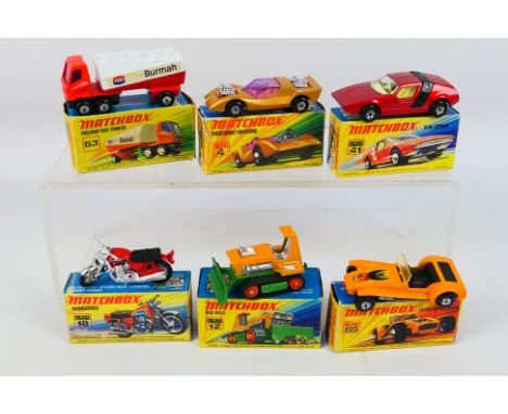 Matchbox Superfast - Six boxed Matchbox Superfast diecast model vehicles. Lot includes MB 41B Siva Spyder; MB 4B Gruesome Two