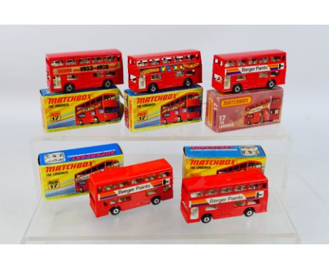 Matchbox - Five boxed Matchbox Superfast 17 The Londoner Bus. Lot includes 'Caranaby Street'; 'Matchbox 1953-1978' 'Berger Pa