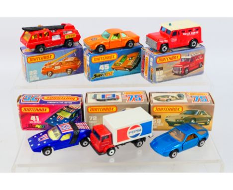 Matchbox Superfast - Six boxed Matchbox Superfast diecast model vehicles. Lot includes MB 59D Porsche 928; MB 22 C Blaze Bust