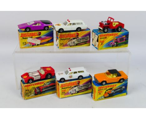 Matchbox Superfast - Six boxed Matchbox Superfast diecast model vehicles. Lot includes MB 2B Jeep Hot Rod (red, white base); 