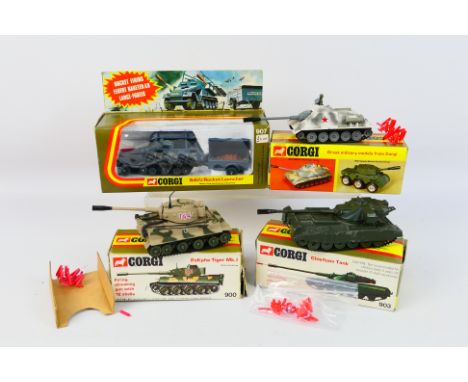 Corgi - 4 x boxed military models including Tiger Mk.I # 900, Chieftain Tank # 903, SU100 Russian Tank Destroyer # 905 and Ha