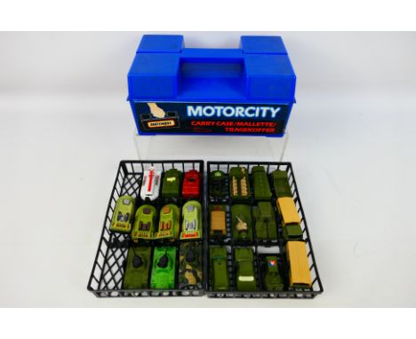 Matchbox - A plastic Matchbox carry case containing 22 Matchbox mainly Superfast diecast model military vehicles. Models incl