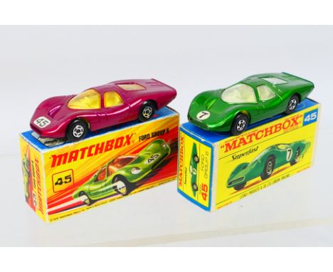 Matchbox Superfast - Two boxed Matchbox Superfast 45A Ford Group 6 diecast model cars, including dark metallic magenta with R