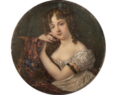 19TH CENTURY ENGLISH SCHOOL Portrait miniature of a young girl, her hair in ringlets wearing a white frock and resting agains