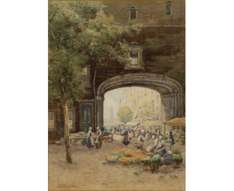 J* R* MILLER 'Market Day, Bruges', signed, watercolour, 37 x 26.5cm and a 19th Century lithograph - 'Die Grosse Alster', 35.5