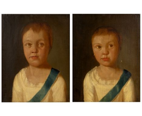 18TH CENTURY CONTINENTAL SCHOOL Portrait of a young child wearing white dress with blue sash, oil on canvas, 38 x 29cm; and a