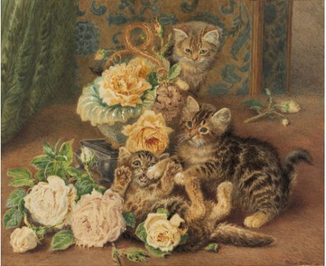 WILSON HEPPLE (1854-1937) A group of kittens playing amongst roses, signed and dated '09, watercolour, 36.5 x 45.5cm