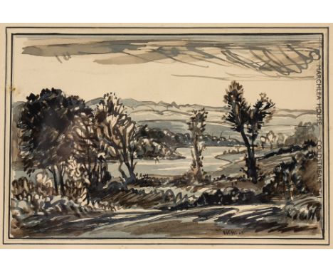 WILLIAM WALKER (1878-1961) 'View from the Scottish Borders at Lennel', sketch for a picture, signed with initials, pen, ink a