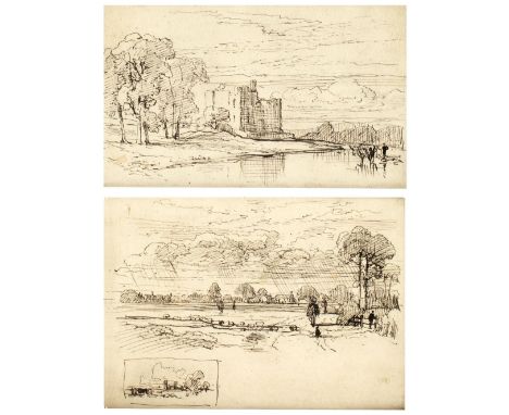 19TH CENTURY ENGLISH SCHOOL River landscape with castle, pen and ink sketch, 10 x 17cm; and one further by the same hand, 11.