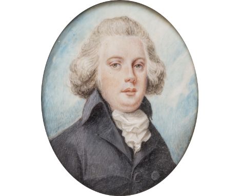 ENGLISH SCHOOL: EARLY 19TH CENTURY Portrait miniature of a gentleman with powdered wig, white cravat and buttoned overcoat, o