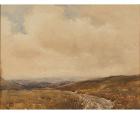 G*R* Moorland landscape, signed with monogram, titled to artist's label verso, watercolour, 29 x 38cm; two watercolours by He