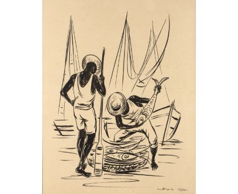 LEON D. Inspecting the catch, signed, pen and inks, 36.5 x 28.5cm; and a Japanese woodblock print after Hiroshige - Figures w