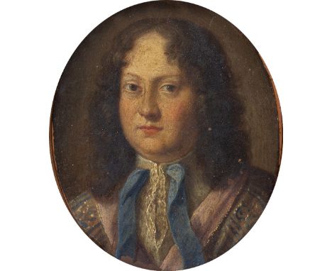 17TH CENTURY CONTINENTAL SCHOOL Portrait miniature of a gentleman with long black curly hair wearing lace cravat with blue ri
