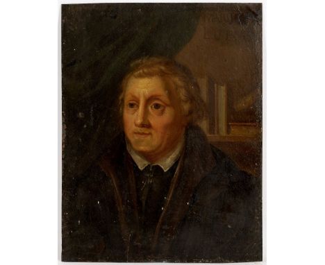 MANNER OF JOHN SCOUGALL Portrait of Martin Luther against a green curtain with a shelf of books behind, inscribed 'Martin Lut