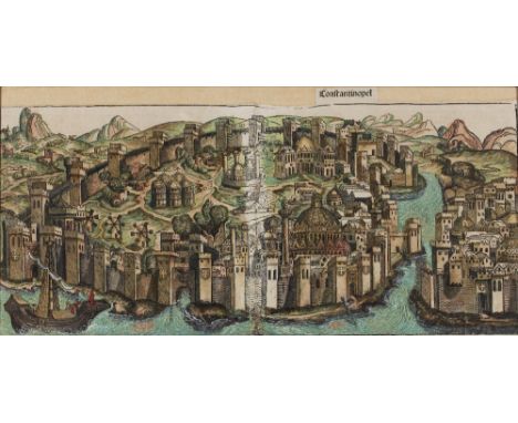 AN EARLY WOODBLOCK PRINT - 'Constantinopel', hand-coloured, 25 x 54cm, and a hand-coloured engraving of Florence cathedral (2
