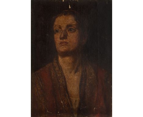 19TH CENTURY ENGLISH SCHOOL Head and Shoulders portrait of a lady wearing a striped red cloak, oil on canvas, 26 x 18.5cm and