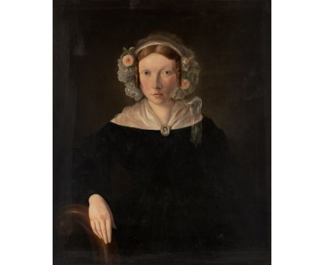 19TH CENTURY ENGLISH SCHOOL Portrait of a lady, her bonnet with pink roses and shawl tied by an oval portrait miniature, 78 x